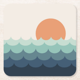 Wavy blue ocean at sunset square paper coaster