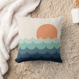 Wavy blue ocean at sunset throw pillow