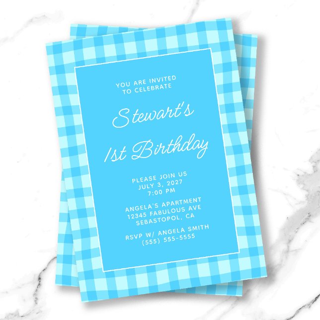 Wavy Blue Summer Gingham Bold 1st Birthday Invitation (Wavy Blue Summer Gingham Bold 1st Birthday Invitation)