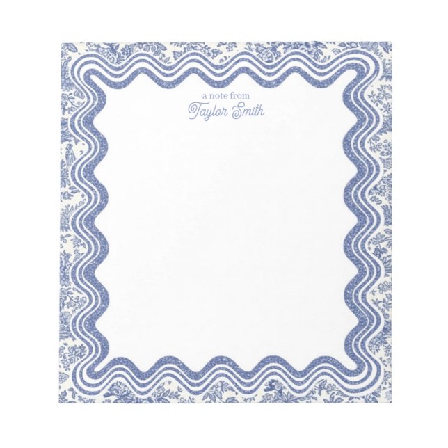 Wavy Border Blue and White Toile Personalized Name Notepad (Front)