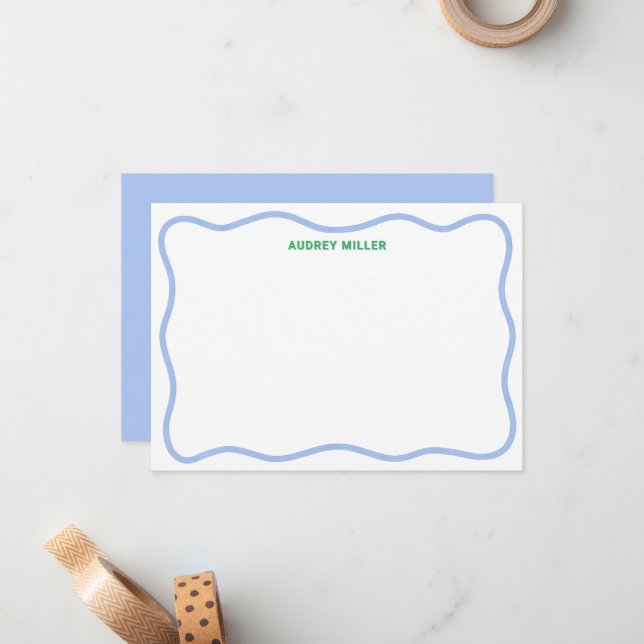 Wavy Border Blue Green Personalized Flat Card (Front/Back In Situ)