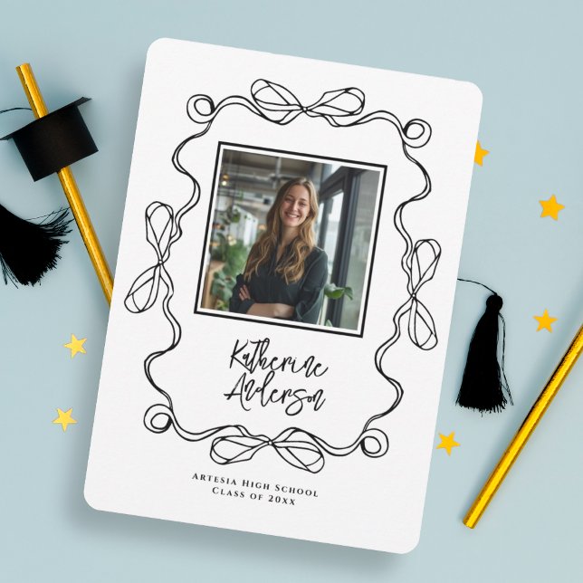 Wavy Border Bow Black Photo Graduate Announcement (Creator Uploaded)