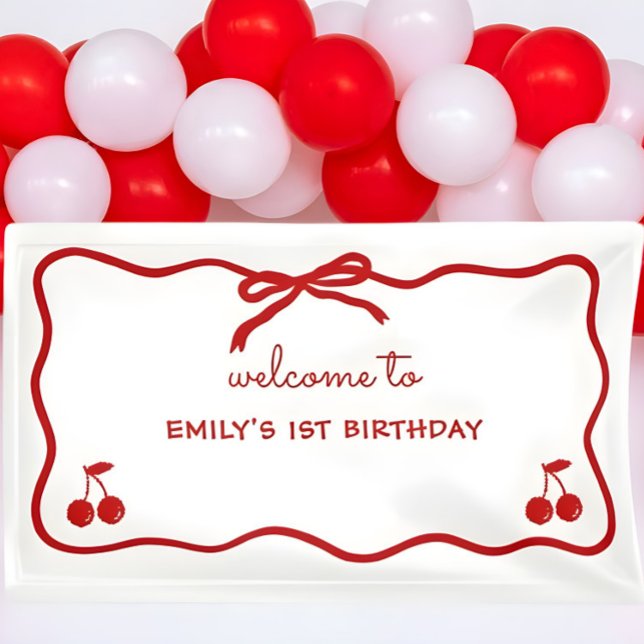 Wavy Border Hand Drawn Cherry on Top  Banner (Hand drawn Cherry On Top Welcome Sign, Cherry on Top Party Banner, Whimsical Cherry on Top Banner)