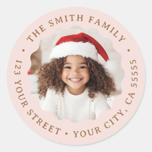 Wavy border light blush pink photo return address classic round sticker