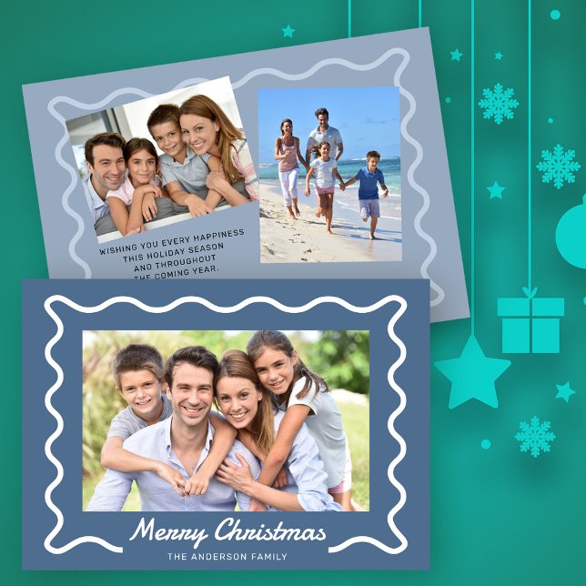 Wavy Border Merry Christmas 3 Photos Blue Holiday Card (Creator Uploaded)