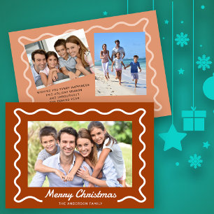 Wavy Border Merry Christmas 3 Photos Rust Holiday Card