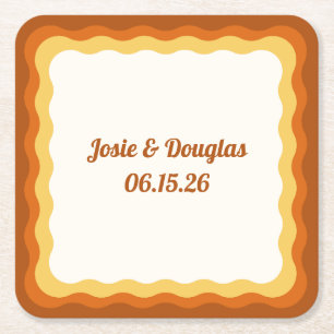 Wavy Border Retro 70s Vintage Aesthetic Wedding Square Paper Coaster