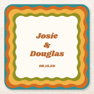 Wavy Border Retro 70s Vintage Aesthetic Wedding Square Paper Coaster