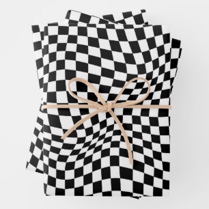 Wavy Checkered Black White Checkerboard Wrapping Paper Sheet