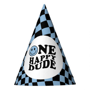 Wavy Checkered Blue Smile Face One Happy Dude Party Hat