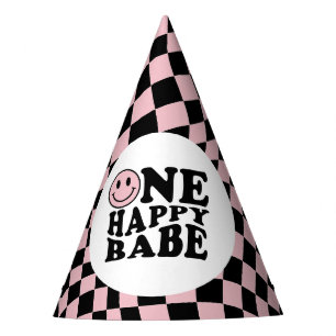 Wavy Checkered Pink Preppy Smile One Happy Babe Party Hat
