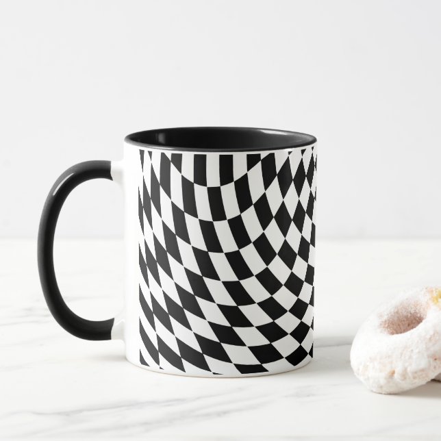 Wavy Chequered Black and White Optical Illusion Mug (With Donut)
