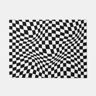 Wavy Chequered Black White Chequerboard Doormat