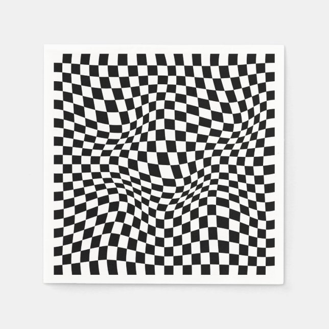 Wavy Chequered Black White Chequerboard Napkin (Front)