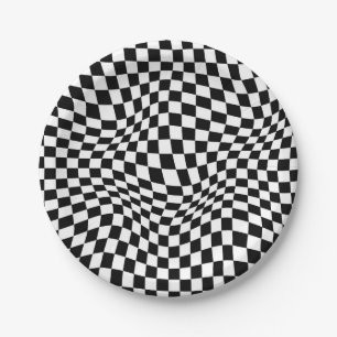 Wavy Chequered Black White Chequerboard Paper Plate