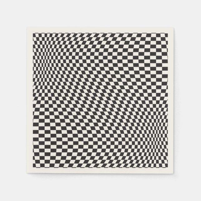 Wavy Chequered Black White Chequerboard Pattern Napkin (Front)