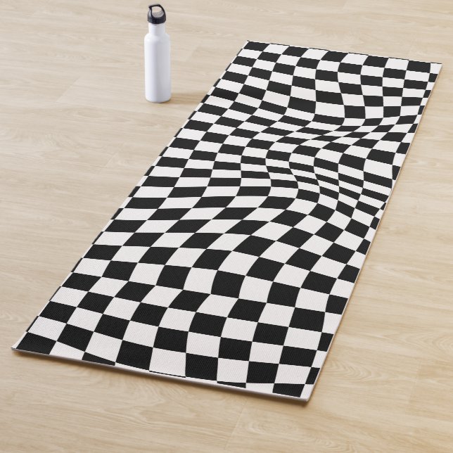 Wavy Chequered Black White Chequerboard Yoga Mat (In Situ)