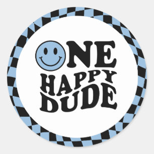 Wavy Chequered Blue Preppy Smile One Happy Dude Classic Round Sticker