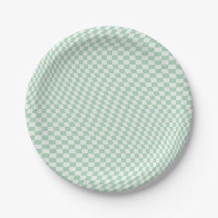 Wavy Chequered Pastel Green Chequerboard Pattern Paper Plate