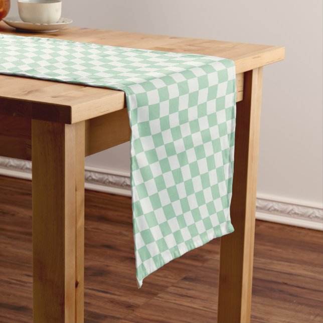Wavy Chequered Pastel Green Chequerboard Pattern Short Table Runner (In Situ)