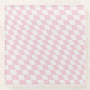 Wavy Chequered Pastel Pink Chequerboard Pattern Glass Coaster