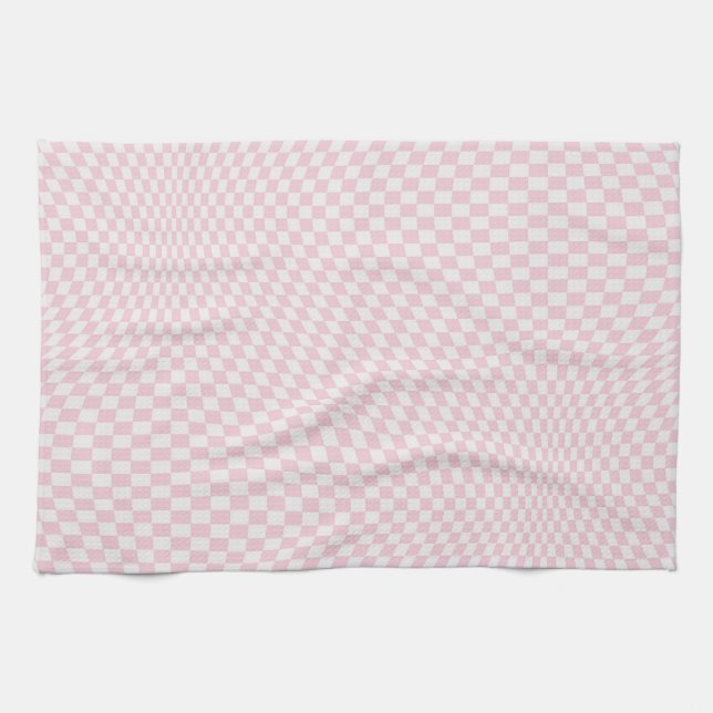 Wavy Chequered Pastel Pink Chequerboard Pattern Kitchen Towel (Horizontal)