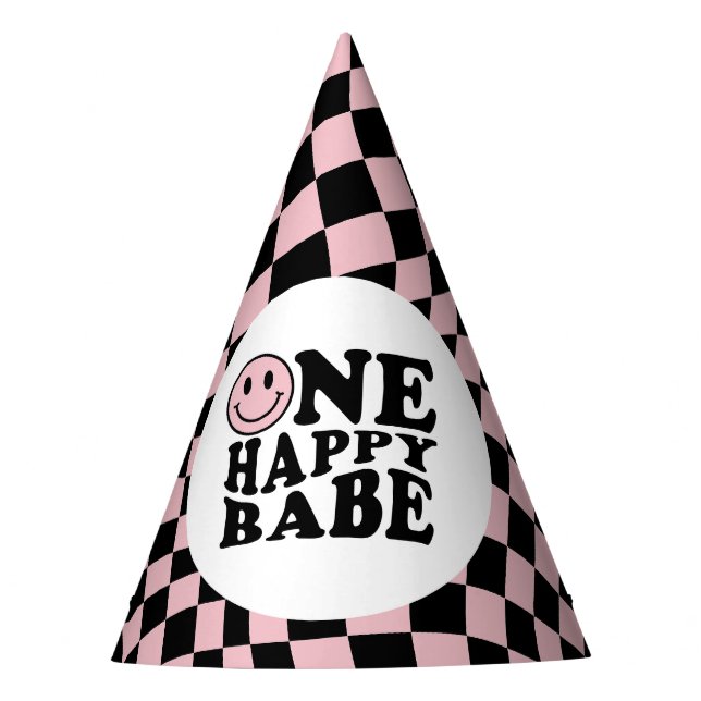 Wavy Chequered Pink Preppy Smile One Happy Babe Party Hat (Front)