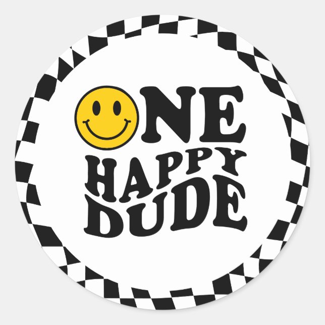 Wavy Chequered Preppy Smile One Happy Dude Classic Round Sticker (Front)