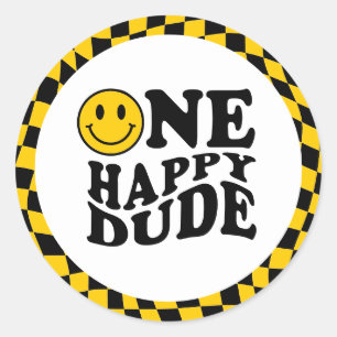 Wavy Chequered Yellow Preppy Smile One Happy Dude Classic Round Sticker