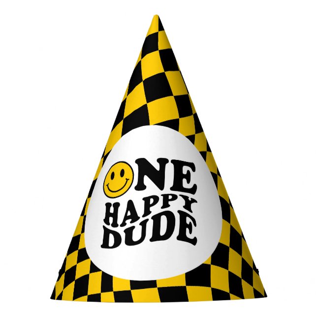 Wavy Chequered Yellow Smile Face One Happy Dude Party Hat (Front)