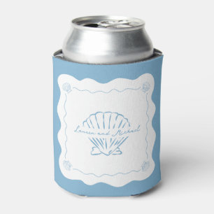 Wavy Coastal Modern Minimalist Dusty Blue Wedding  Can Cooler