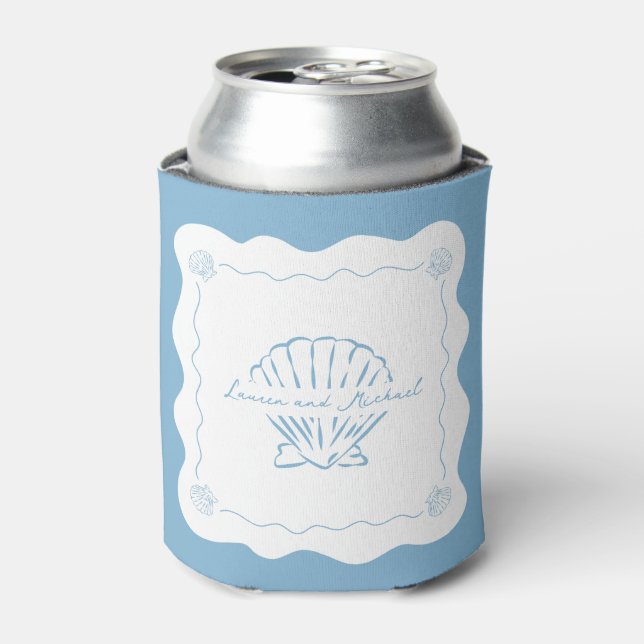 Wavy Coastal Modern Minimalist Dusty Blue Wedding  Can Cooler (Can Front)