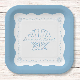 Wavy Coastal Modern Minimalist Dusty Blue Wedding  Paper Plate