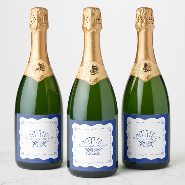 Wavy Coastal Modern Minimalist Navy Blue Wedding  Sparkling Wine Label (Bottles)