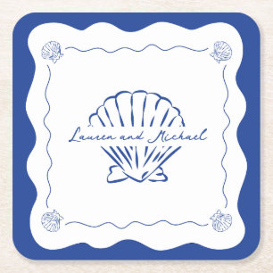 Wavy Coastal Modern Minimalist Navy Blue Wedding Square Paper Coaster