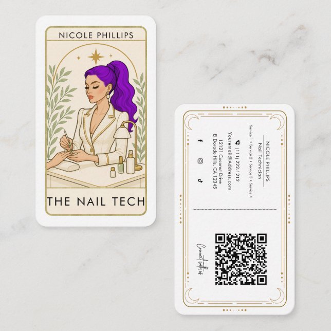 Wavy Cosmic Purple Hair Nail Tech Social Media QR Business Card (Front/Back)
