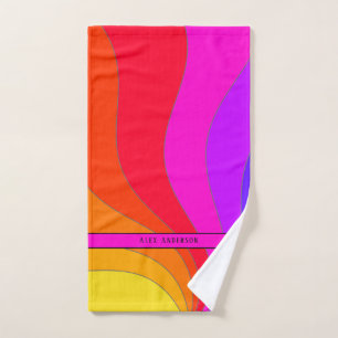 Wavy curves Retro Bold and Colourful with name Hand Towel