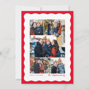 Wavy edge five photo collage simple red Christmas Holiday Card