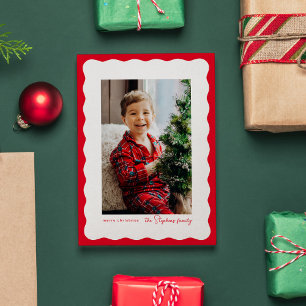 Wavy edge frame simple red Christmas photo Holiday Card