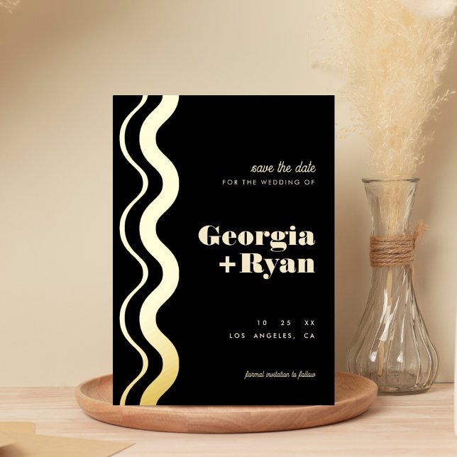 Wavy Edge Modern Retro Black Save the Date Real (Creator Uploaded)
