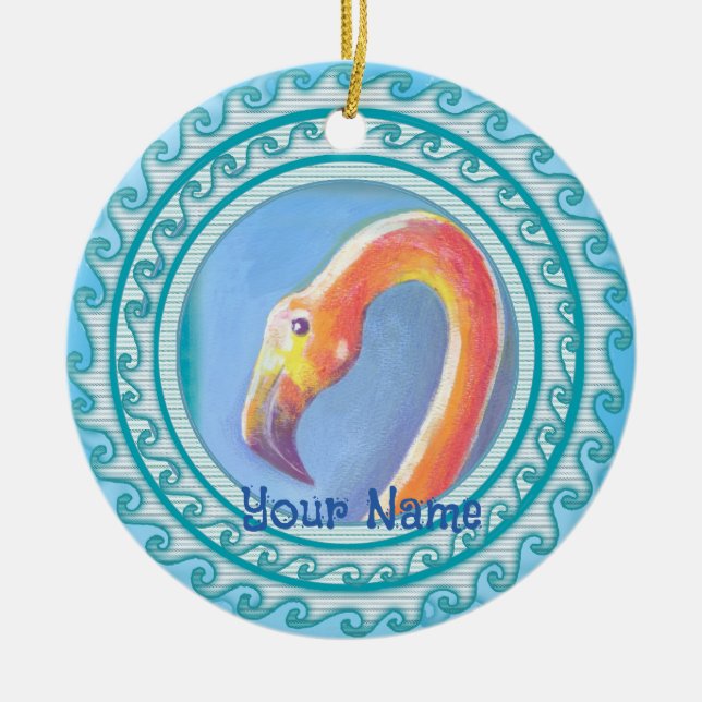 Wavy Flamingo  Ceramic Ornament (Front)