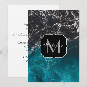 Wavy foamy blue black ombre sea water Monogram Invitation