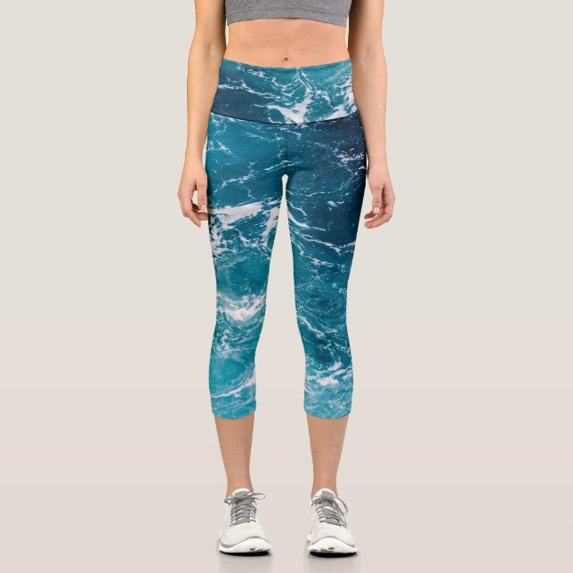 Wavy foamy blue white sea water capri leggings (Front)