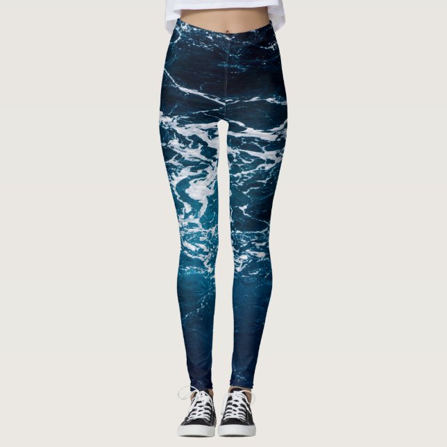 Wavy foamy dark blue sea water leggings (Front)