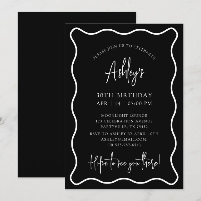 wavy frame, wavy border, birthday party invitation (Front/Back)