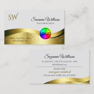 Wavy Gold Decor on Light Gray with Logo Monogram Business Card