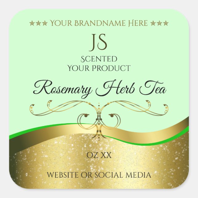 Wavy Gold Glamour Decor Light Green Monogram Label (Front)