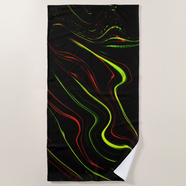 Wavy green and red long strokes, black background beach towel (Front)
