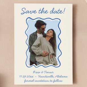 Wavy Hand Drawn Blue Border Save the Date Photo Invitation