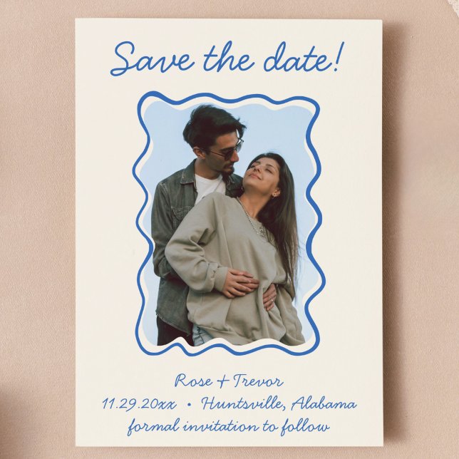 Wavy Hand Drawn Blue Border Save the Date Photo Invitation (blue and cream quirky whimsical hand drawn wavy border save the date with QR code on back modern)